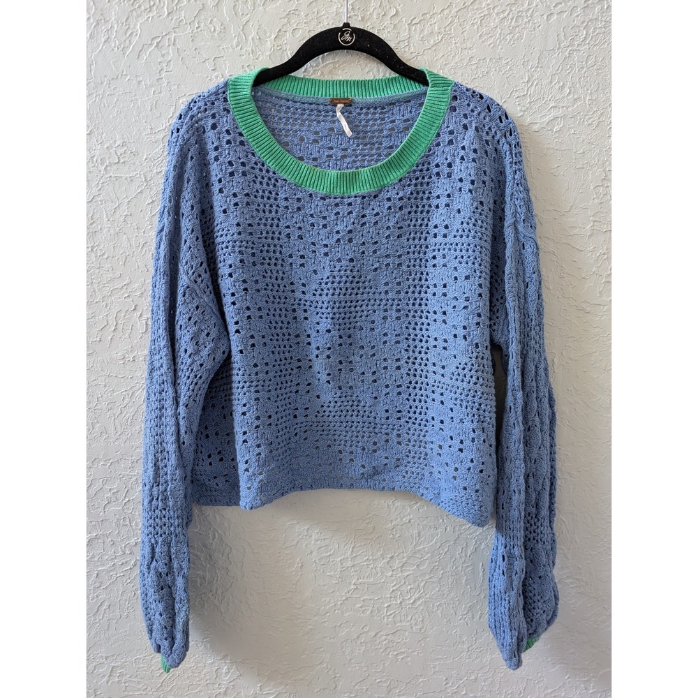 Free People Home Run Pointelle Cropped Sweater Blue and Green S Boho